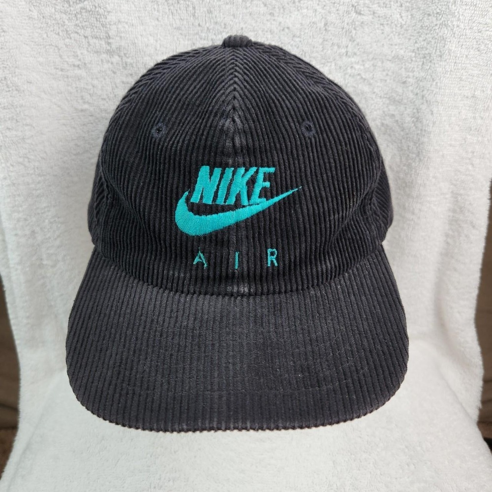 Nike Air Vintage 90s Black Corduroy Snapback Hat Turquoise Spell Out Logo Cap